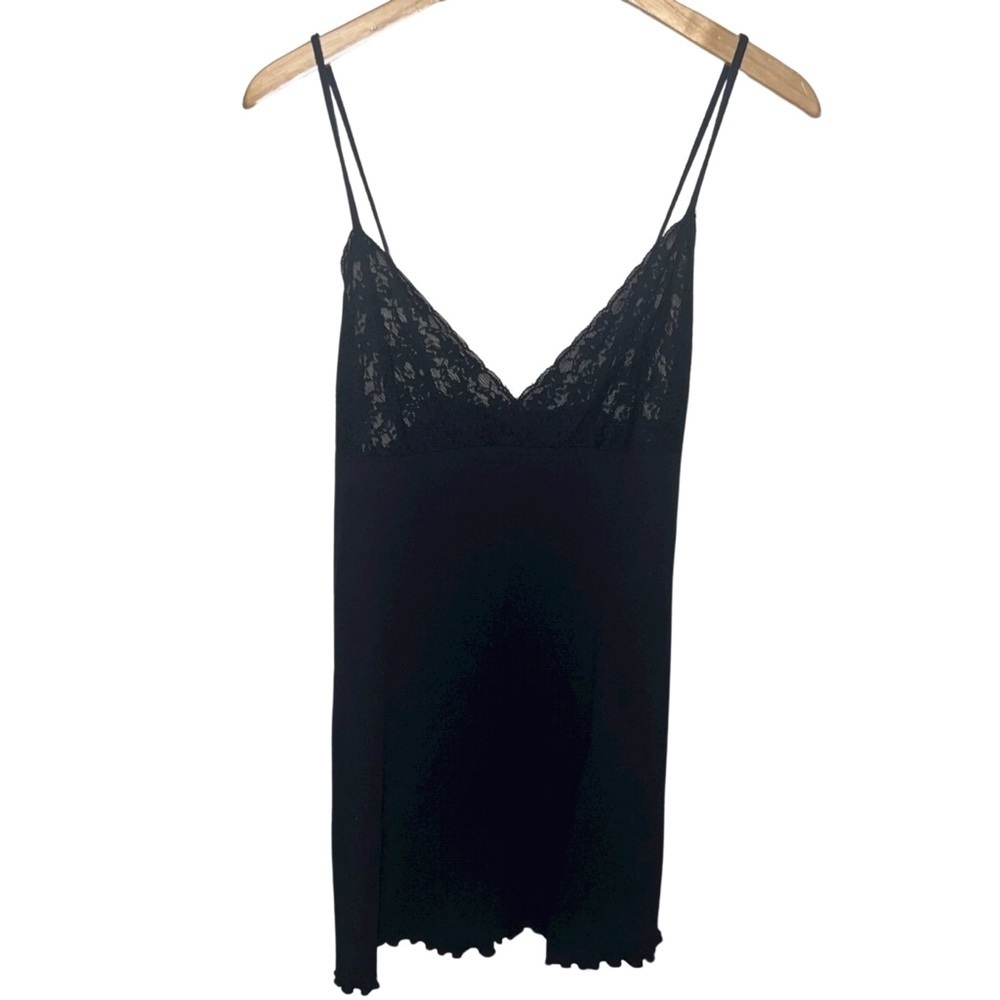 Vintage Petra Fashions Black Ribbed Lace Baby Doll Nightgown Slip Dress Large